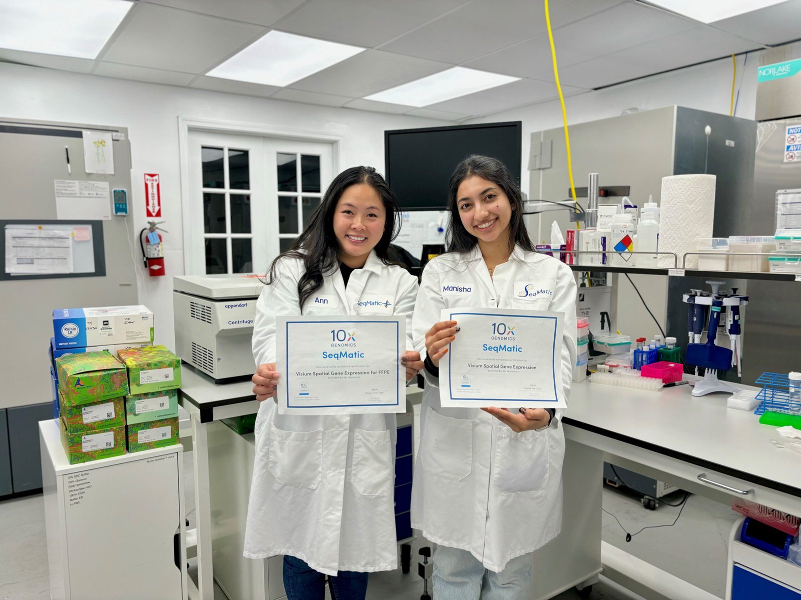 SeqMatic scientist with 10x Genomics Visium Spatial Gene Expression Certificates for NGS omics sequencing services